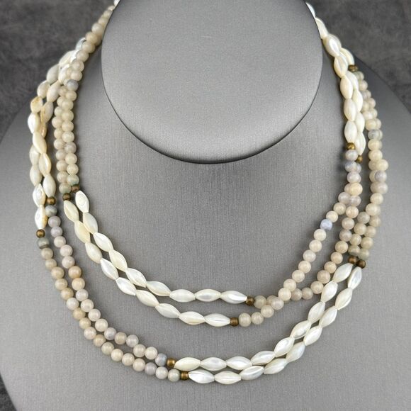 Vintage Natural Gemstone & Mother Of Pearl Rice Beads Necklace Double Strand 15" - Picture 13 of 13